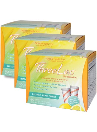 Global Health Trax ThreeLac Probiotic, Lemon Flavor Dietary Supplement (3 Pack) 60 Packets Supports intestinal and Digestive Health