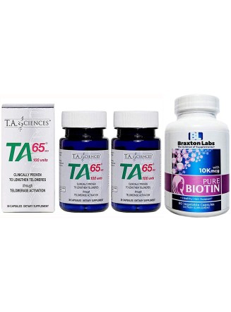 2 Pack TA-65 30 Capsules 100 Units Includes a Free Bottle of Braxton Labs Biotin 10mcg 60 Vegetable Capsules for Hair, Skin, Nails.
