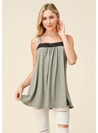 Square Neck Gray Tank with Black Lace Trim - Clearance FINAL